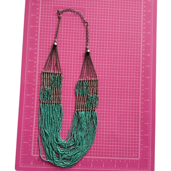 Turquoise Glass Silver Tone Seed Bead Bib Multi Strand Necklace Boho - Picture 5 of 12